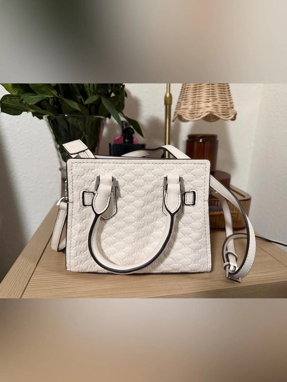 Michael Kors White Logo-Embossed Satchel with Silver Hardware